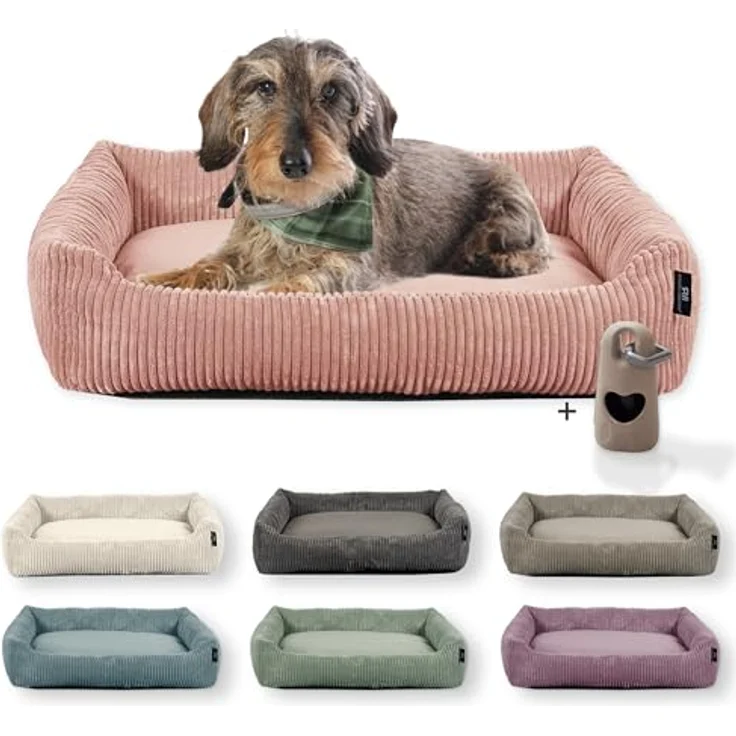 Rohrschneider Hundebett waschbar, für kleine und mittelgroße Hunde, mit Cordhundekissen, 2 Größen (ca. 55x42 cm/ca. 70x50 cm), Powder Rosa, inkl. Gassibeutel – Bild 1