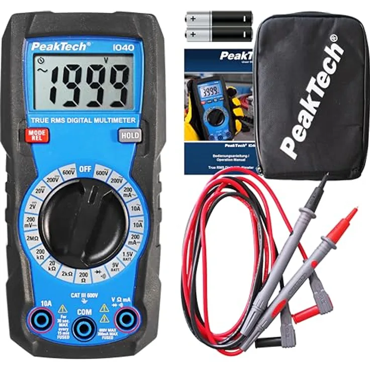 PeakTech 1040 True RMS Digital Multimeter, Manuell-Range, 2.000 Counts, Durchgangsprüfer, Voltmeter; 10A AC/DC - CAT III 600V, Blau
