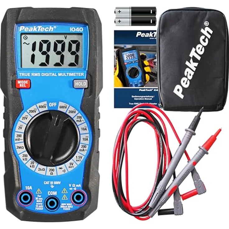 PeakTech 1040 True RMS Digital Multimeter, Manuell-Range, 2.000 Counts, Durchgangsprüfer, Voltmeter; 10A AC/DC - CAT III 600V, Blau – Bild 1