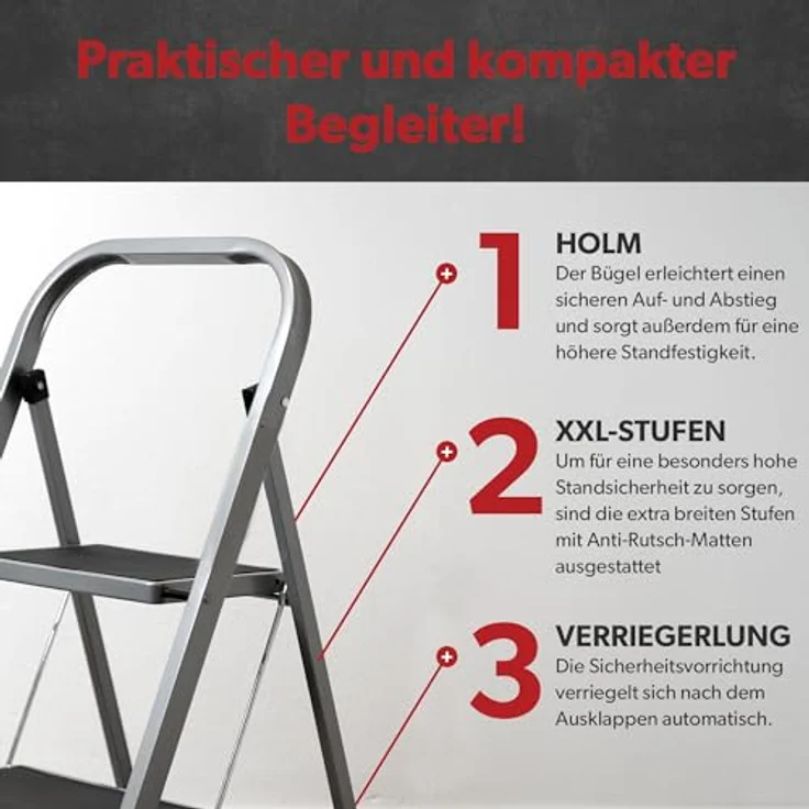 siwitec Klapptritt aus Stahl mit 2 Stufen, anthrazit, kleine Leiter mit Anti-Rutschmatten, 150 kg Traglast, TÜV/GS Zertifiziert,Klappleiter, Tritthocker – Bild 3