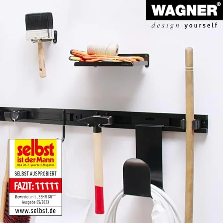 Wagner System Werkzeugwand WH 2096, design yourself Wandhalterung in schwarz mit ausziehbarer Länge von 600 mm bis 1170 mm und fünf verschiebbaren Gerätehaltern – Bild 3