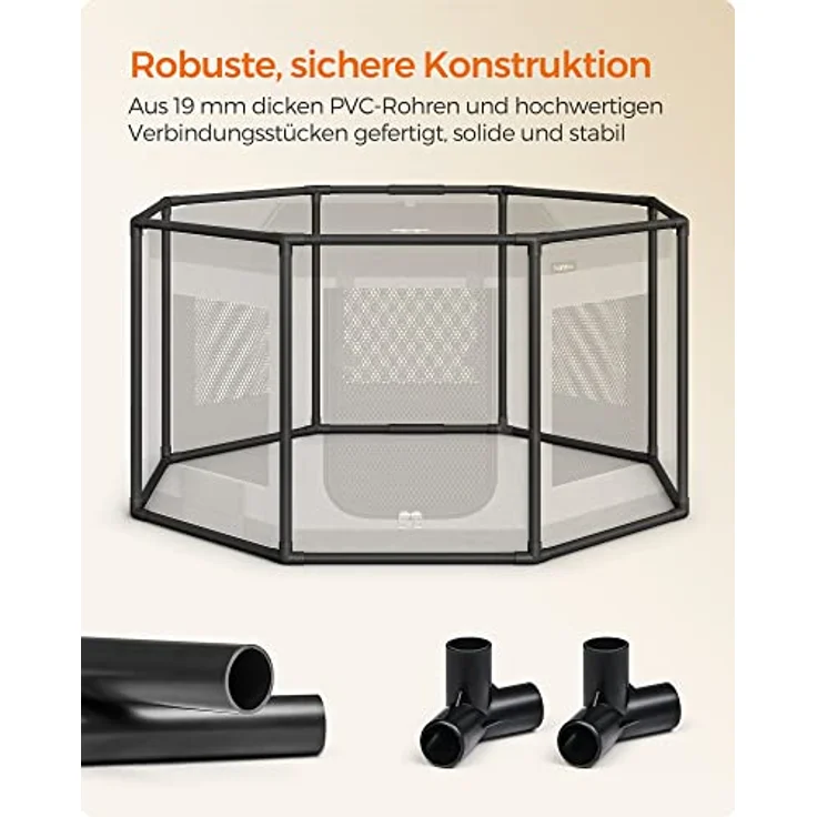 Feandrea Welpenauslauf Oxford-Gewebe, achteckiger Welpenlaufstall L, 112 x 112 x 62 cm, PVC-Rahmen, atmungsaktives Netz, Tasche, Taubengrau-schiefergrau – Bild 5