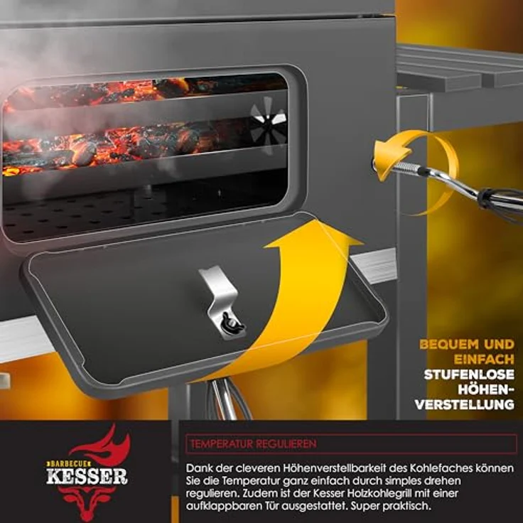 KESSER® Grill Grillwagen XL Holzkohlegrill mit Deckel, Rädern, Edelstahl-Griff, Grillrost, Bürste, Abdeckhaube und Thermometer Holzkohle kohlegrill Wagen groß Kohle BBQ Barbeque Camping, Garten – Bild 5