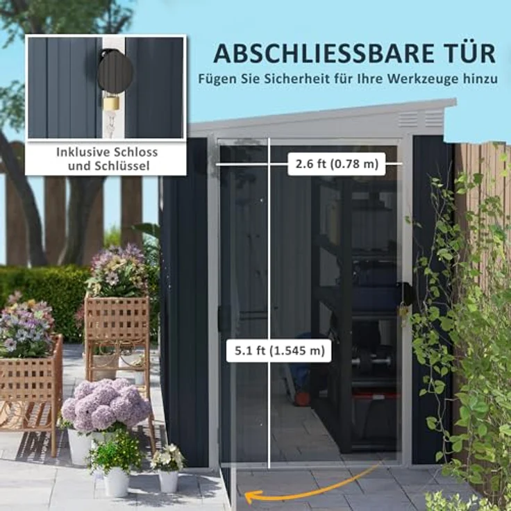 Outsunny Metall Gerätehaus 2,7m² Gartenhaus Dunkelgrau mit Pultdach und abschließbarer Tür – Bild 4