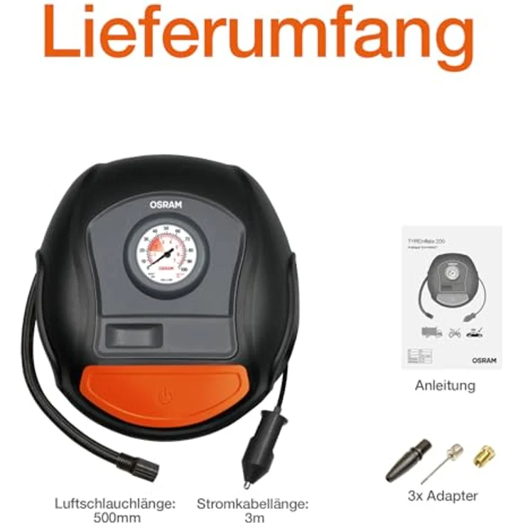 Osram Auto OTI200 Kompressor Analoges Manometer, Kabelfach-aufnahme, Überlastungsschutz – Bild 2