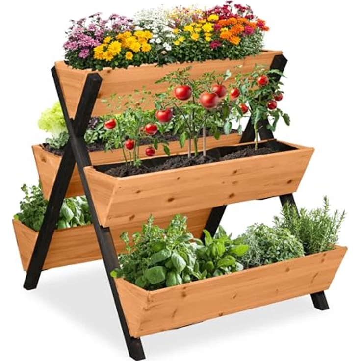 Relaxdays Vertikalbeet, Hochbeet aus Holz mit 5 Kästen, platzsparendes Etagenbeet für Balkon und Terrasse, orange/schwarz, HxBxT: 82 x 75 x 90 cm – Bild 1