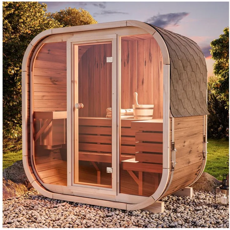 FinnTherm Fasssauna Ellipso M, 42mm, Thermoholz, Außergewöhnliches Design, B 196 x T 119 x H 203 cm