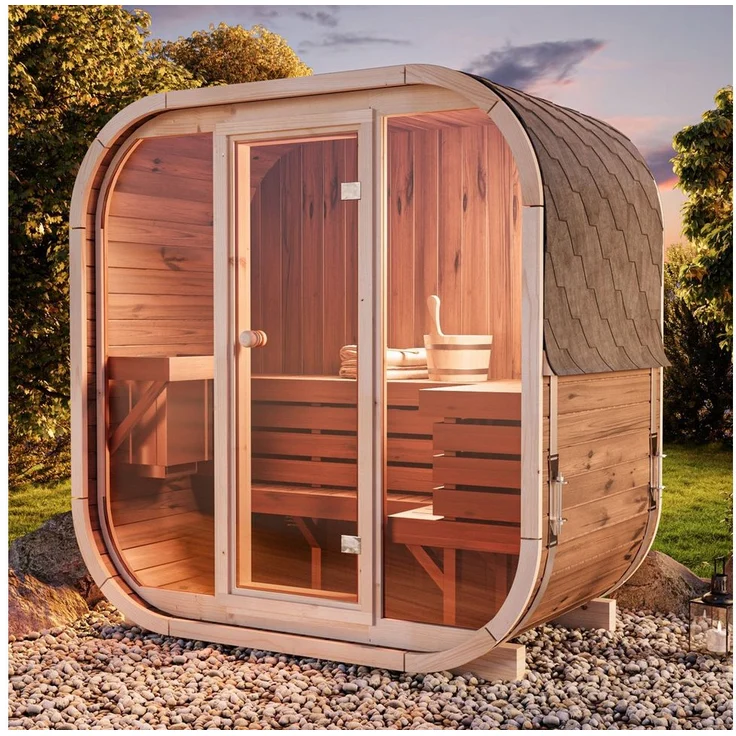 FinnTherm Fasssauna Ellipso M, 42mm, Thermoholz, Außergewöhnliches Design, B 196 x T 119 x H 203 cm