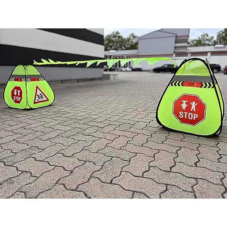 HECKBO 2x Straßenwarnschild Achtung Kinder Schild spielende Pylonen + Wimpelkette - Kinder Straßenpylone Kinder Sicherheit Safety Pop Up Set - Vorsicht Kinder Street Buddy Warnkegel – Bild 4