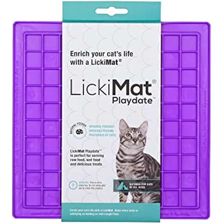 LickiMat Classic Playdate Cat Slow Feeder Lick Mat, Langeweile Angstreduzierung Perfekt für Futter, Leckereien, Joghurt oder Erdnussbutter Lustige Alternative zu einem Slow Feed Katzennapf oder -napf,