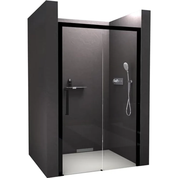 NEXTREND Nischendusche DX906 FLEX, Schiebetür mit Soft-Close, 8 mm Nano Echtglas, Schwarz matt, Breite wählbar (1400 mm) – Bild 1