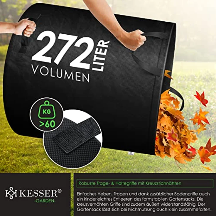 KESSER® Gartensack 3x 272L Set Laubsack Gartenabfallsack inkl. Handschuhe - Selbststehend 4 Griffe Stabil Robust & Faltbar - Laubsäcke Rasenschnitt für Gartenabfälle Grünschnitt Schwarz - Preisvergleich – Bild 5