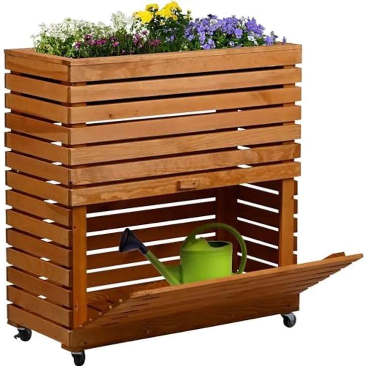 dobar® Hochbeet Rolla L, Massivholz mit Rollen, erhöhtes Beet mit Stauraum, 72 x 32,5 x 78 cm, braun