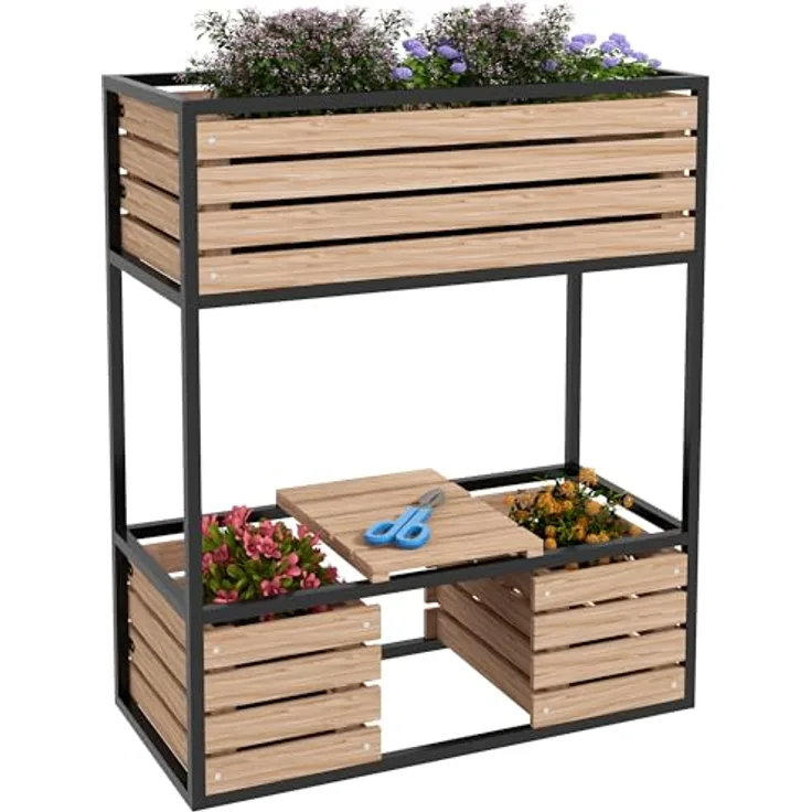 Outsunny Hochbeet aus Holz, 2-Stufiger Blumenkasten mit Ablage, Erhöhtes Gemüsebeet mit Innenvlies, Kräuterbeet für Garten, Balkon, Hellbraun, 83 x 39 x 100 cm