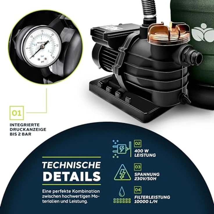 tillvex Sandfilteranlage 10 m³/h, Filteranlage mit 5-Wege Ventil, Druckanzeige und 800g Filterbällen für Pool und Schwimmbecken – Bild 2