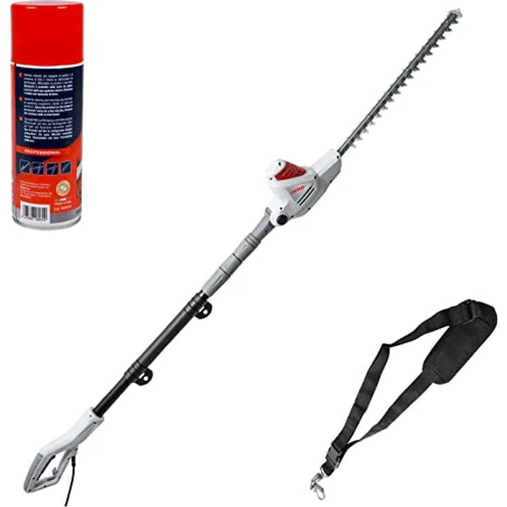 IKRA Teleskop-Heckenschere ITHS 600, Elektro-Gerät mit 51,4 cm Schnittlänge, Schultergurt und Pflegespray
