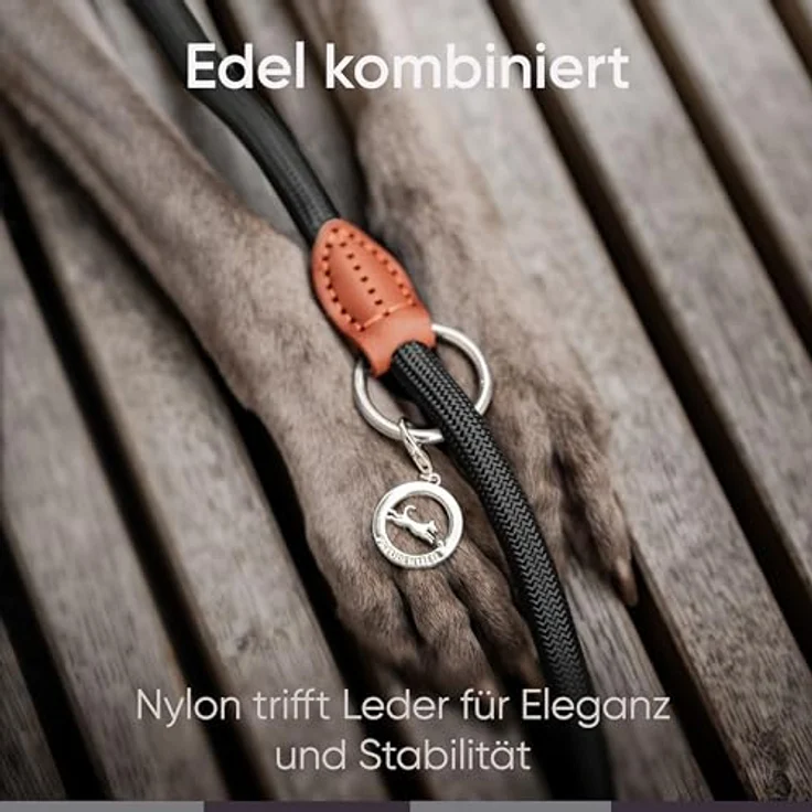 FREUDENTIER® Hundeleine für mittelgroße & große Hunde – 2m Länge & 3-Fach verstellbar - Führleine aus robustem Nylon abgerundet mit stilvollen braunen Lederelementen (schwarz) – Bild 5