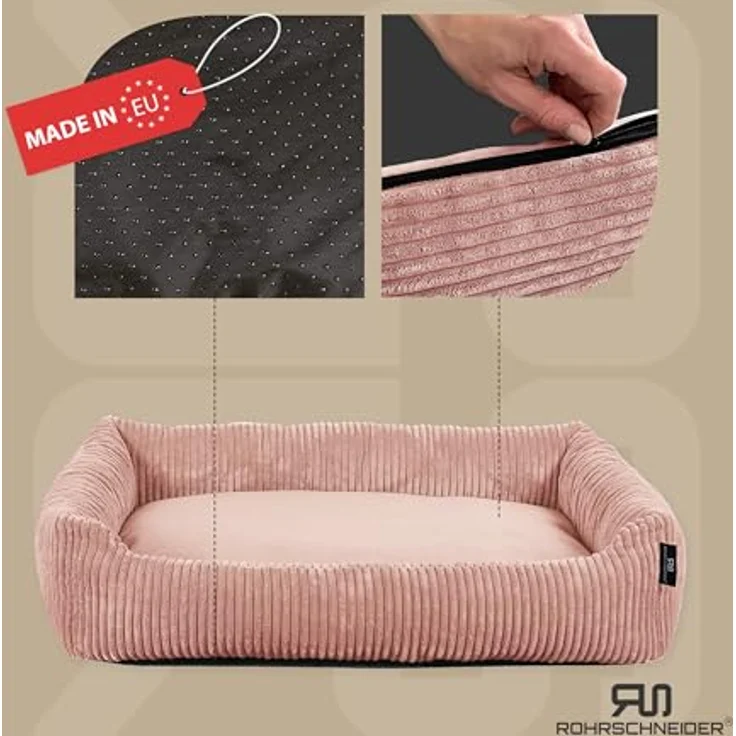 Rohrschneider Hundebett waschbar, für kleine und mittelgroße Hunde, mit Cordhundekissen, 2 Größen (ca. 55x42 cm/ca. 70x50 cm), Powder Rosa, inkl. Gassibeutel – Bild 2