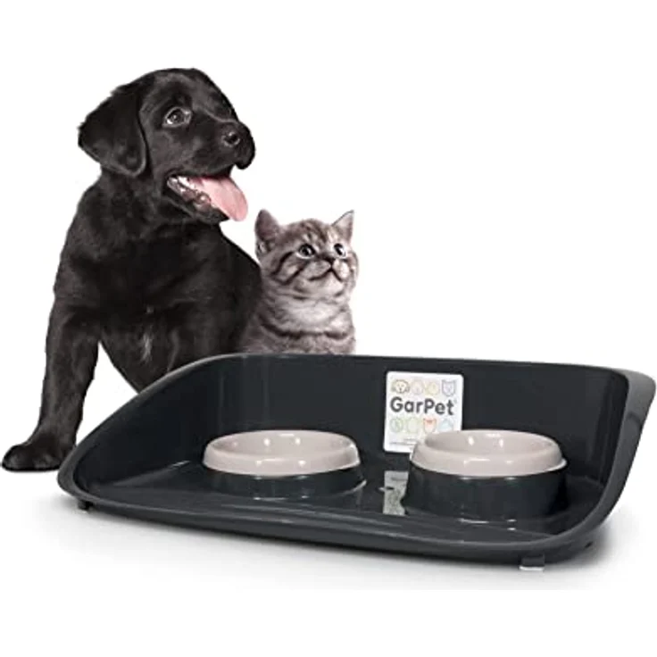 Futterstation Hund 2 Näpfe Futterbar mit erhöhter Rückwand Spritzschutz rutschfeste Hundebar Futternapf Wassernapf Unterlage Matte Hunde Katzen – Bild 1