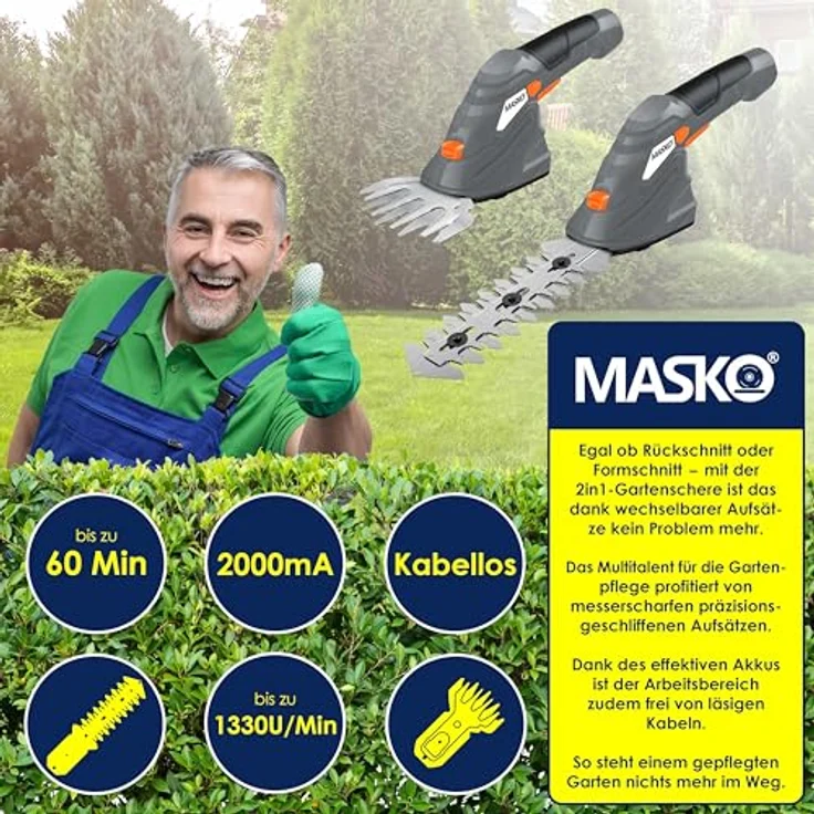 MASKO Grasschere Strauchschere Set mit Akku 7,2V 2000mA-h + Ladegerät - elektrische Garten Heckenschere Rasenschere Inkl. Grasmesser + Strauchmesser inkl. Teleskopstange 90-130 cm mit Rädern Grau - Preisvergleich – Bild 6