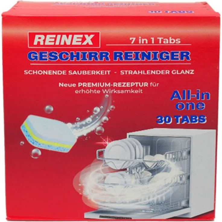Reinex REINEX Geschirr Reiniger Tabs 7in1, 30 Tabs für kraftvolle Reinigung und Maschinenschutz, phosphat- und duftstofffrei