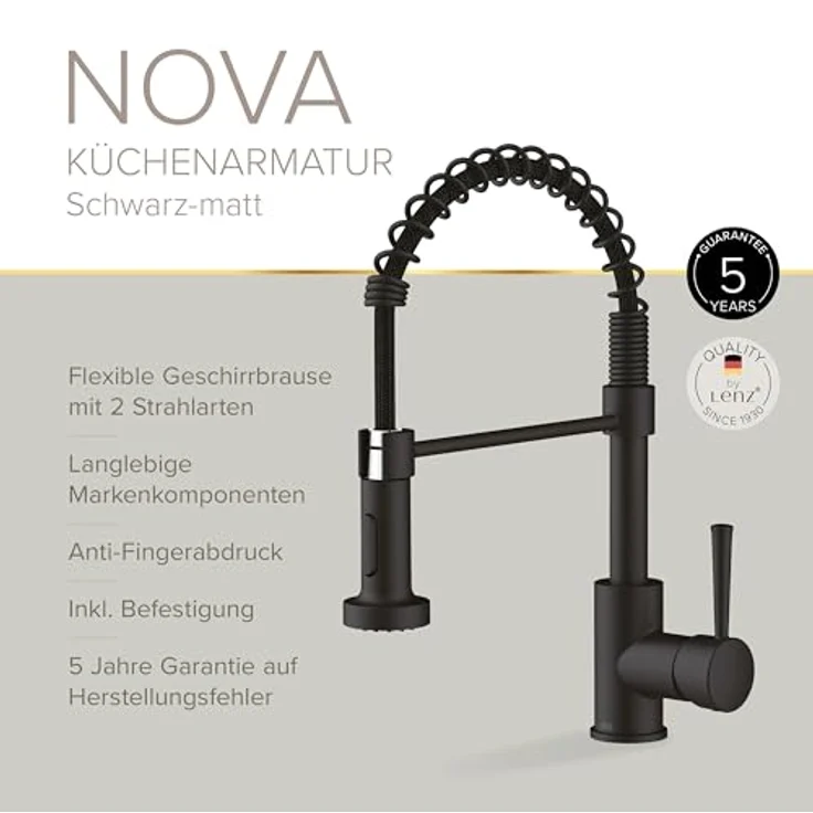 Lenz Küchenarmatur NOVA, Nickelfrei, Anti-Fingerabdruck Oberfläche, Schwarz-matt, Flexible Pendelbrause mit 2 Strahlarten – Bild 4