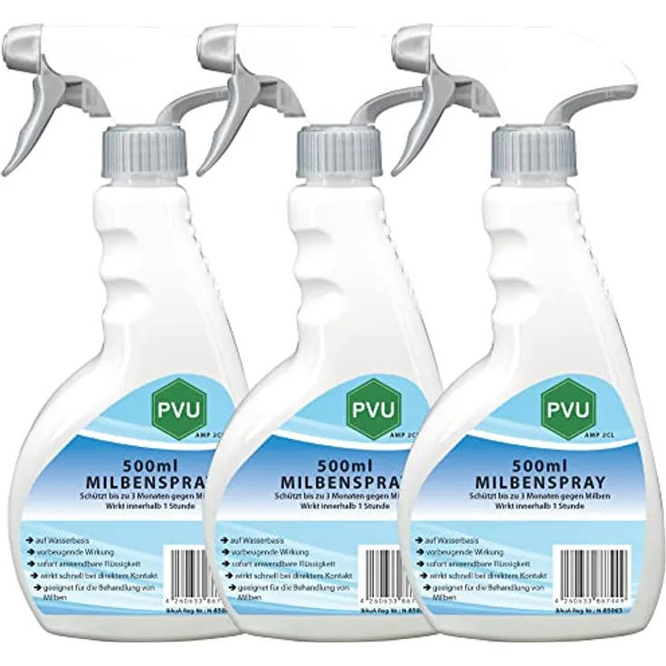 Pvu Milbenspray 3x500ml | Milbenspray für Matratzen | Milbenspray gegen Krätze | Hausstaubmilben bekämpfen | Spinnenmilben | Anti Milben Spray | für Innen & Aussen