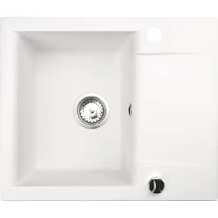 QLS Granit-Küchenspüle LUNA 1-Becken mit Abtropffläche, reversibel, 59x44 cm, für 40 cm Unterschrank, matt weiß, mit automatischem Siphon