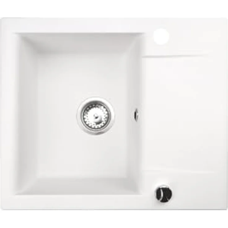 QLS Granit-Küchenspüle LUNA 1-Becken mit Abtropffläche, reversibel, 59x44 cm, für 40 cm Unterschrank, matt weiß, mit automatischem Siphon – Bild 1