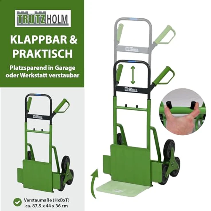 TRUTZHOLM Klappbare Treppensackkarre, höhenverstellbar, große Ladefläche, Stahl, 120 kg Traglast, 113 cm Höhe, pannensichere Vollgummiräder – Bild 6