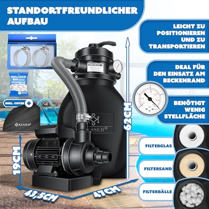KESSER Sandfilter Sandfilteranlage + 700g Filterbälle ersetzen 25kg Filtersand- Poolfilter 10 m³-h Filteranlage Filterkessel für Pool Schwimmbecken 4-Wege Ventil , einfache Steuerung Schwarz – Bild 3