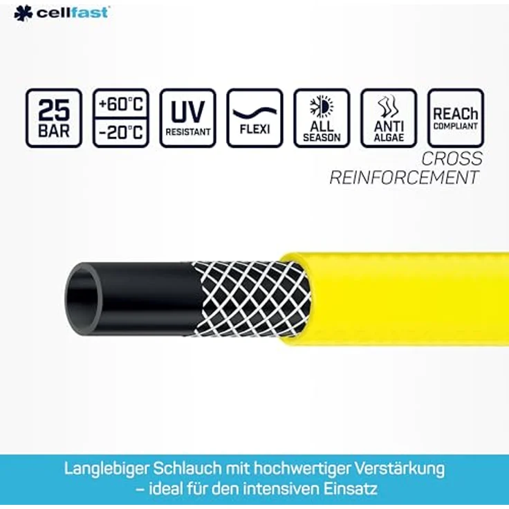 Cellfast Gartenschlauch SET PLUS 3-lagiger Wasserchlauch mit dauerhafter Verstärkung aus Garn höchster Qualität, druck- und UV-beständig, 25 bar Berstdruck, 25m, 1-2 zoll, 10-290 – Bild 4