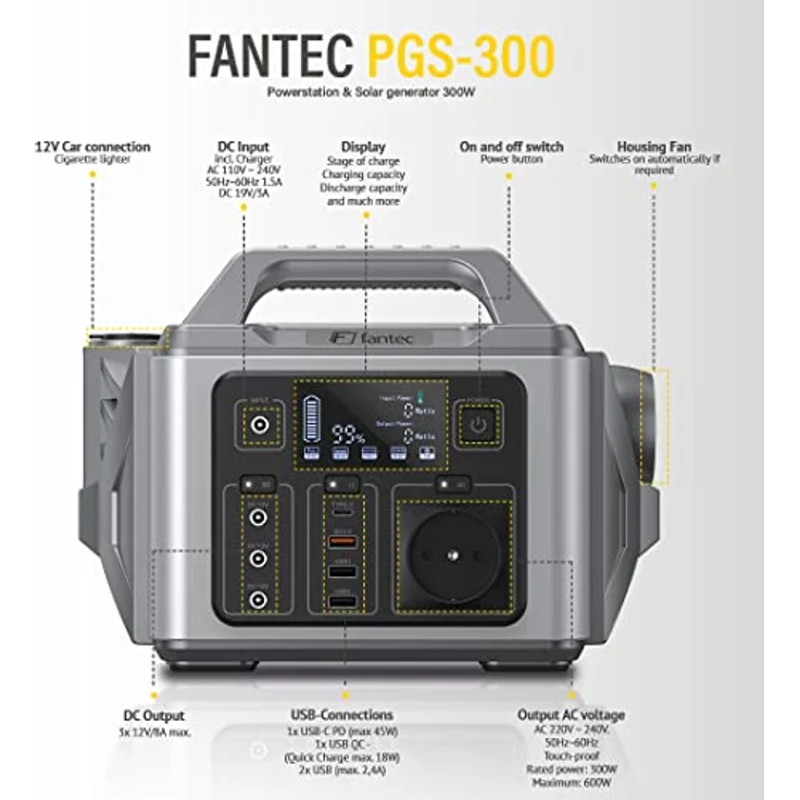 Fantec PGS-300, Power Station mit 296 Wh, 300 W Leistung und USB-C PD-Anschluss, tragbar – Bild 4