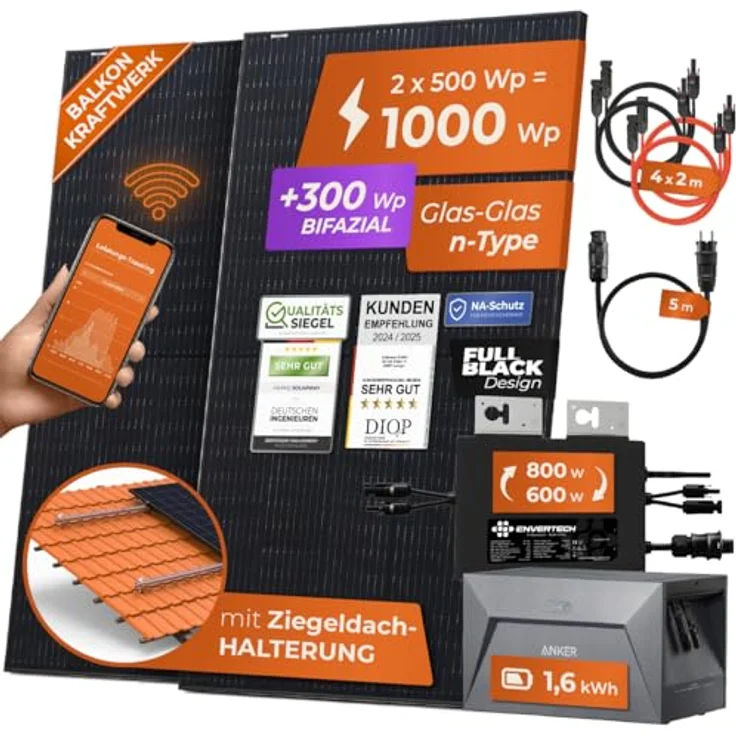 Solarway® 1000W Balkonkraftwerk mit Speicher 800W, 1,6 kWh Anker Solix 500W Solarmodule, Envertech Wechselrichter, steckfertig, genehmigungsfrei – Bild 2