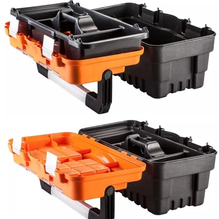 NEO TOOLS Gereedschapkoffer 18", Werkzeugkasten mit Aluminium-Schnappverschlüssen, 2 Aufbewahrungsfächern aus Polycarbonat, klappbarer Schale, 46.2 x 25.6 x 24.2 cm – Bild 4
