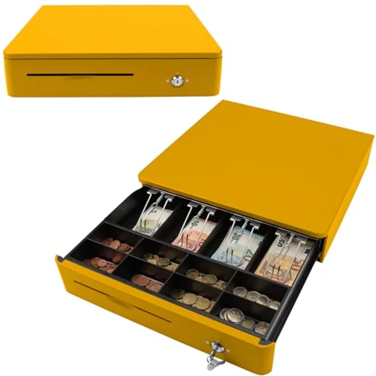 Olympia M 405 Gelb, Kassenlade mit 8 Münzfächern und 4 Scheinfächern, aus robustem Vollmetall, elektrisch ansteuerbar mit Schloss und RJ11/RJ12-Anschluss