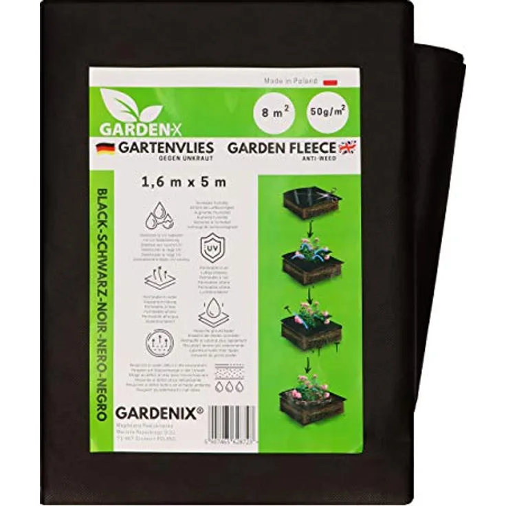 GARDENIX® 8 m² Anti Unkrautvlies 50g/m² ‒ Gartenvlies Hohe UV-Stabilisierung reißfest und wasserdurchlässig Schwarz (1,6m x 5m)