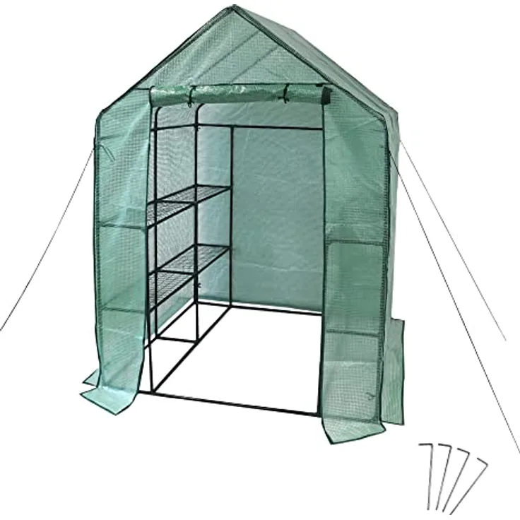 NATIV Foliengewächshaus | Tomaten Gewächshaus mit 8 praktischen Ablagen| Tomatenhaus aus robuster Gewächshausfolie | Treibhaus mit aufrollbarer Türe | Anzuchthaus 143 x 143 cm, 195 cm hoch