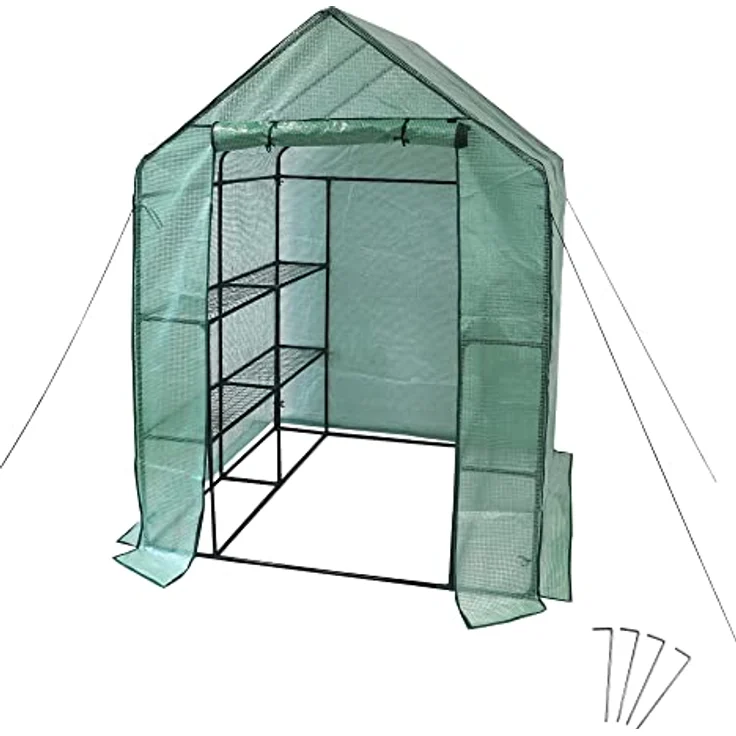 NATIV Foliengewächshaus | Tomaten Gewächshaus mit 8 praktischen Ablagen| Tomatenhaus aus robuster Gewächshausfolie | Treibhaus mit aufrollbarer Türe | Anzuchthaus 143 x 143 cm, 195 cm hoch – Bild 1
