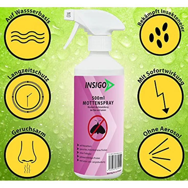 INSIGO Anti-Motten Spray 500ml | Hochwirksame Mottenbekämpfung auf Wasserbasis | Gegen Motten, Larven & Eier | Fleckenfreie Motten-Abwehr – Bild 4