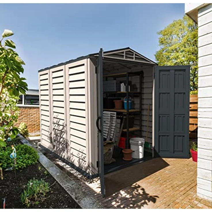 Duramax YardMate PLUS 5 x 8 (4.28 m²) Kunststoff gerätehaus mit robustem Kunststoffboden, Dachkonstruktion aus robustem Metall, feuerhemmend und wartungsfrei, Dunkelgrau und Adobe – Bild 4