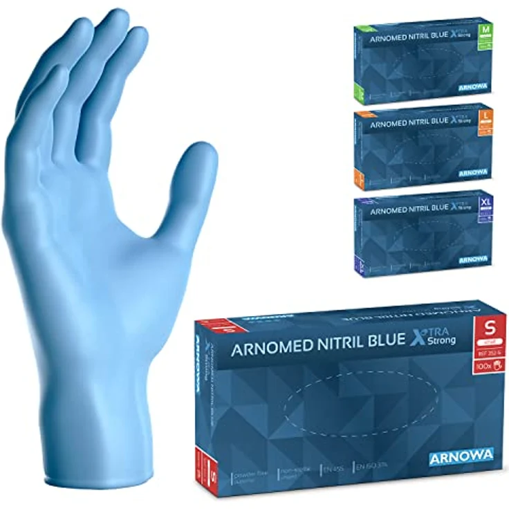 ARNOMED Nitrilhandschuhe Blau Extra Stark, 50% dickere Einweghandschuhe, puderfrei, latexfrei, 100 Stk./Box, Größen S, M, L, XL – Bild 1