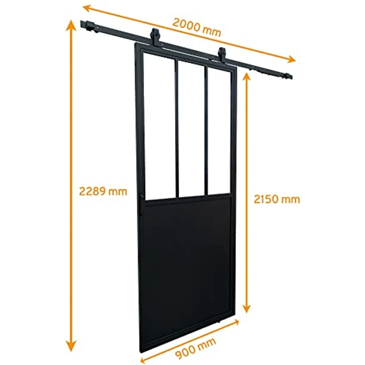 inova Glasschiebetür Komplettset 900x2150mm aus Stahl in schwarz mit Glaseinsatz, Industrie Style, Softclose & einfache Montage – Bild 2