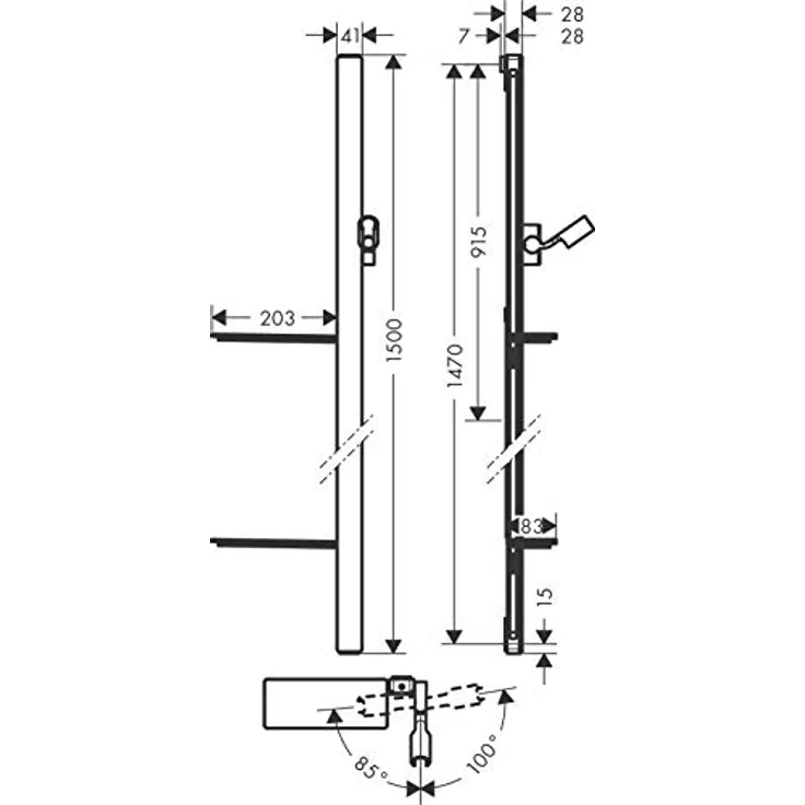 hansgrohe Duschstange Unica E 1500 mm - Chrom, flaches Aluminiumprofil mit Sicherheitsglas, neigungsverstellbare Handbrausehalterung – Bild 3