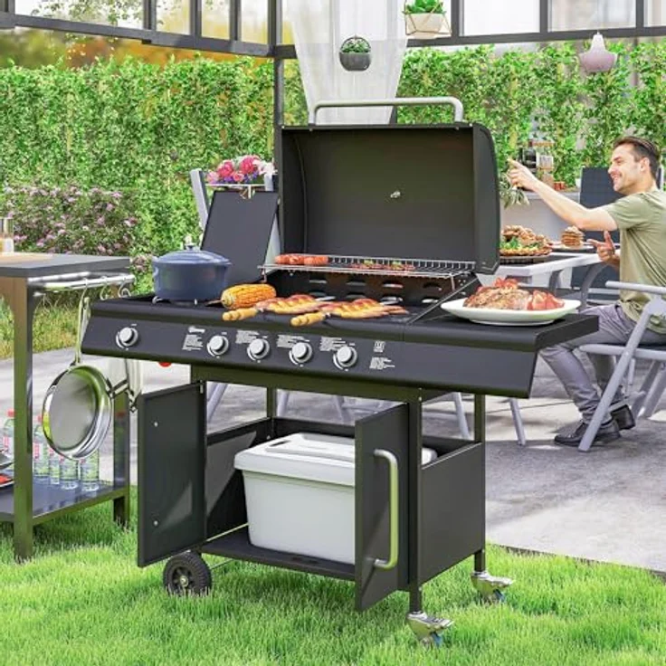 Outsunny Gasgrill 15,2 KW Grillwagen inkl 5 Edelstahl-Brenner, Seitenkocher, Deckel mit Thermometer, BBQ Gartengrill, 129,5 x 56 x 110 cm – Bild 2