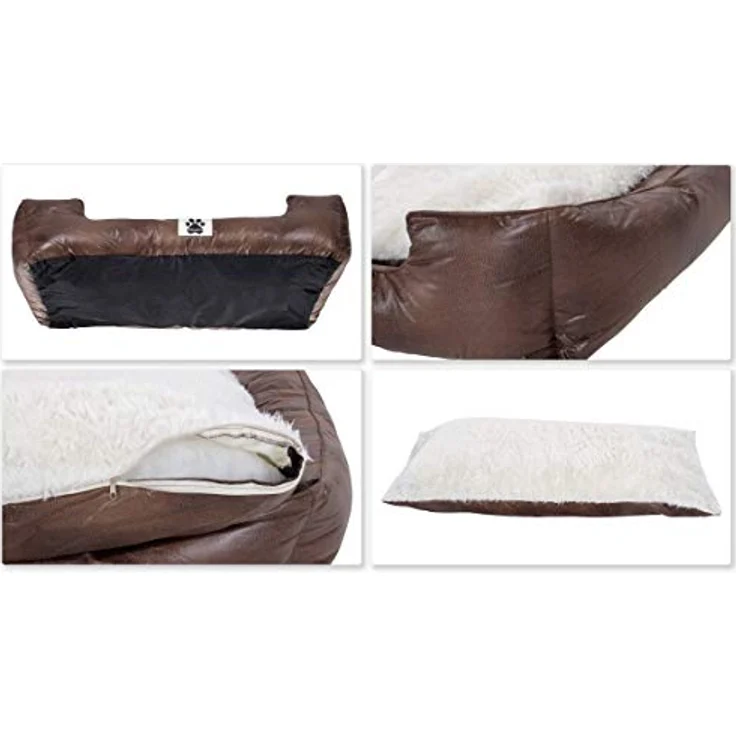 M&L Handel DeluxePet 'Schlummer' Hundebett braun 80x60 aus Kunstleder mit 2in1 Wendekissen, Hundekissen für große Hunde mit Einer Fell und Leder Seite, Seiten weich gepolstert, Anti-Rutsch Rückseite – Bild 3