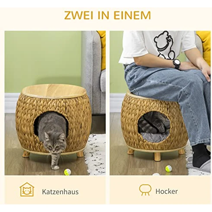 PawHut Tierhaus Katzenhöhle mit waschbarem Kissen, hellbraun/naturholz/grau, für drinnen und draußen, bis 80 kg belastbar – Bild 3