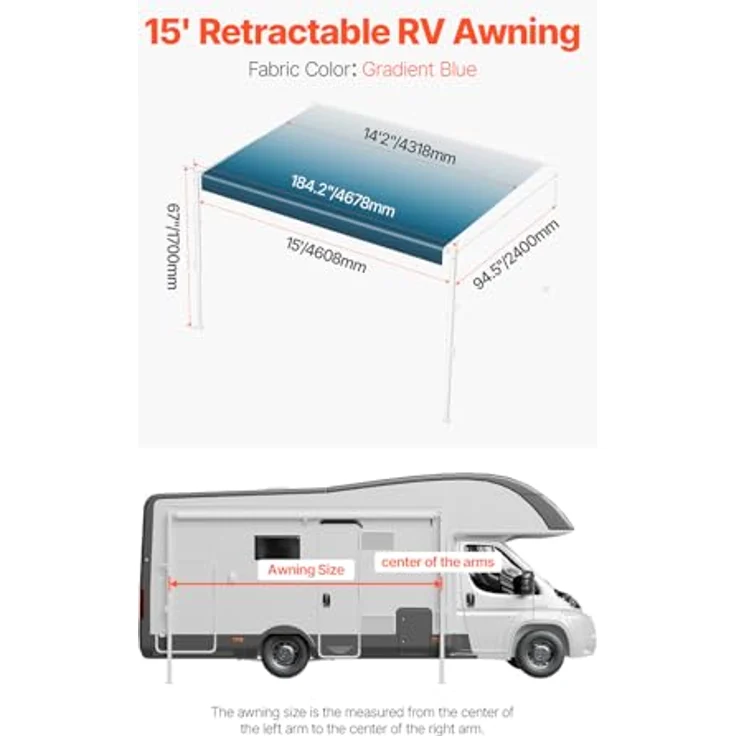 VEVOR Wohnwagen Markise B1, einziehbare RV Markise (457 cm) mit Aluminiumlegierungsrahmen, wasserdicht, Blau mit Farbverlauf – Bild 7