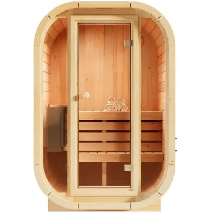 FinnTherm Innensauna Ellipso S, Sauna mit Glasfront, 42 mm Wandstärke, 2 Personen, nordische Fichte