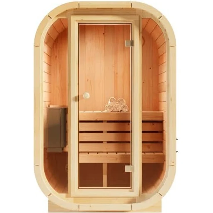FinnTherm Innensauna Ellipso S, Sauna mit Glasfront, 42 mm Wandstärke, 2 Personen, nordische Fichte